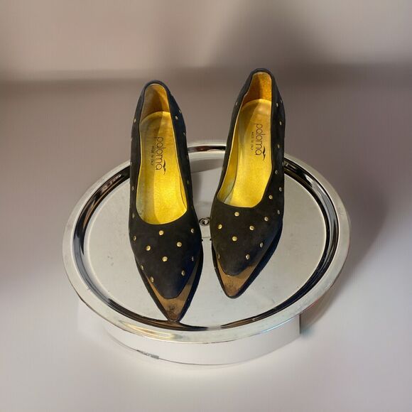 Paloma Women's Italian Made Shoes Black Suede 8B‎ Studs 3” Heals - Picture 2 of 10